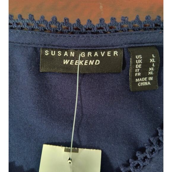 Susan Graver Weekend Embroidered Top Women's Sz L Navy Blue Long Sleeve Popover - Picture 2 of 14